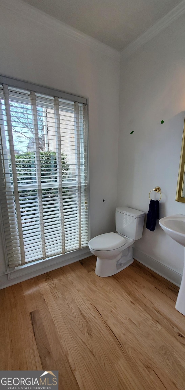 2899 Greystone Cv N, Atlanta, GA 30341 - bathroom featuring ornamental molding, wood finished floors, toilet, and baseboards