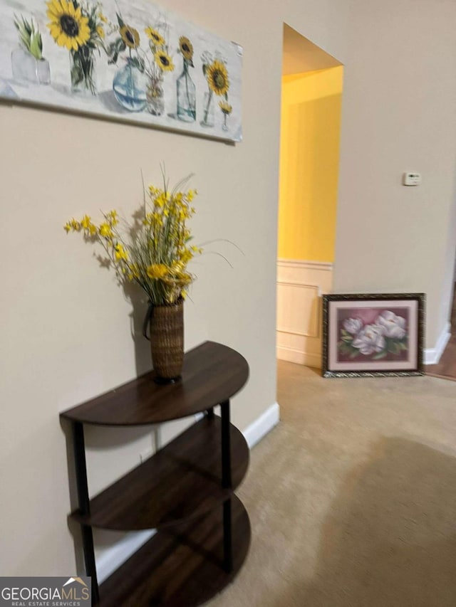 hallway with a wainscoted wall, carpet floors, and a decorative wall