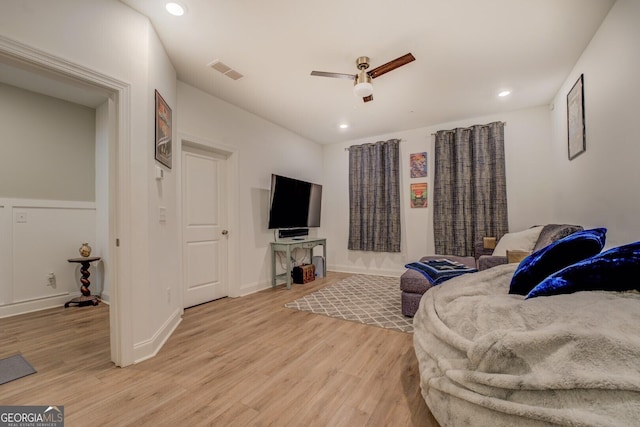 bedroom with a ceiling fan, light wood-type flooring, visible vents, and recessed lighting