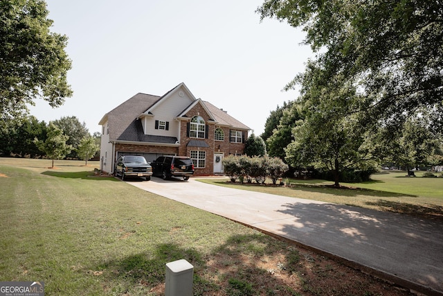 view of front of house featuring concrete driveway, brick siding, an attached garage, and a front lawn