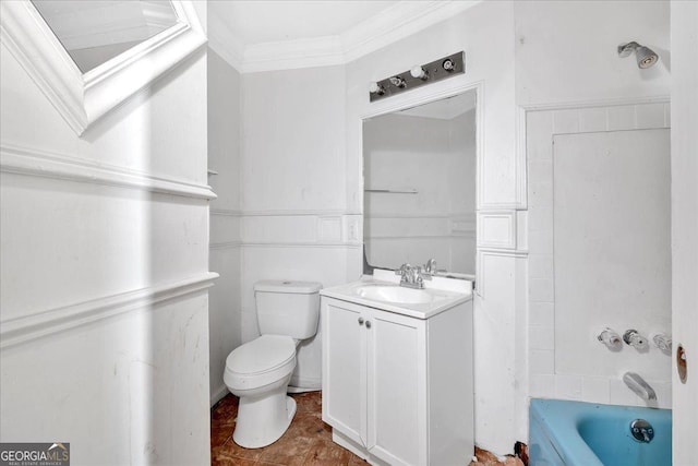 full bathroom featuring ornamental molding, vanity, and toilet