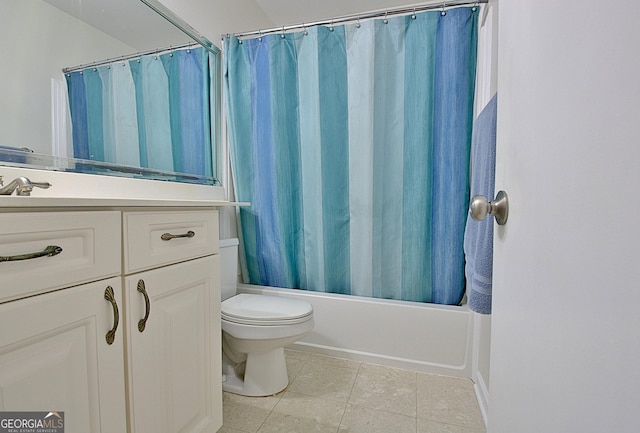 full bath featuring toilet, tile patterned flooring, shower / bathtub combination with curtain, and vanity