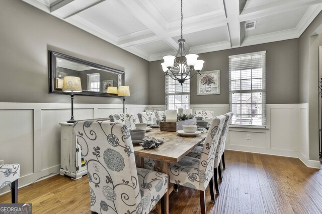 dining area featuring wood finished floors, visible vents, wainscoting, beamed ceiling, and a notable chandelier