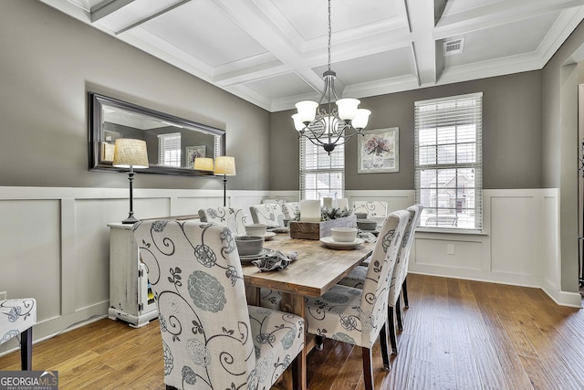 114 Austin Storey Cir, Newnan, GA 30263 - dining room with a wainscoted wall, coffered ceiling, a chandelier, beam ceiling, and wood finished floors