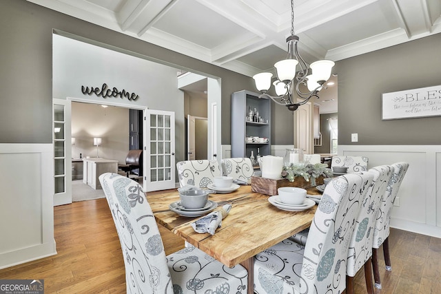 dining area featuring a chandelier, beam ceiling, wainscoting, wood finished floors, and coffered ceiling