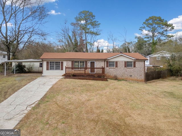 ranch-style home featuring crawl space, brick siding, a carport, and a front yard