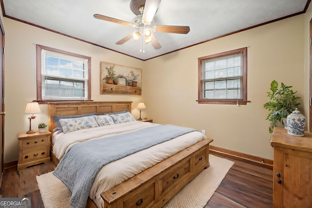 bedroom with dark wood-style flooring, multiple windows, crown molding, and baseboards