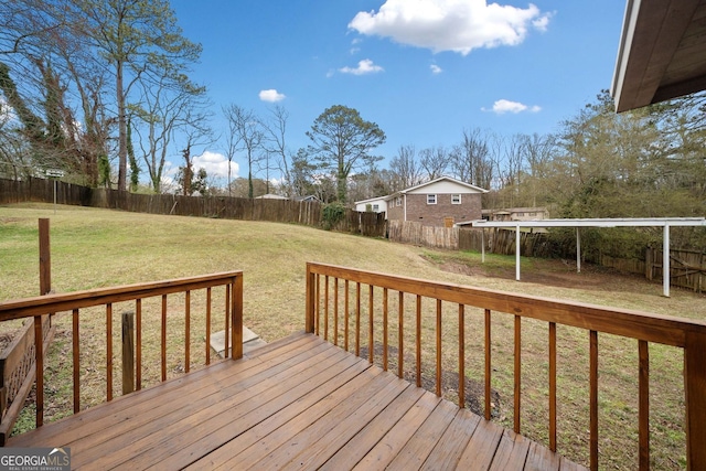 deck featuring a lawn and a fenced backyard