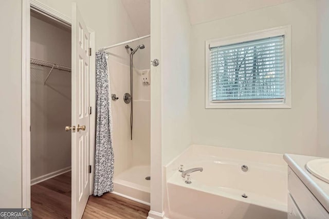 bathroom featuring a garden tub, a shower stall, wood finished floors, and vanity