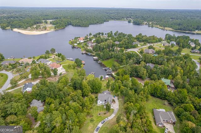 drone / aerial view with a water view and a view of trees