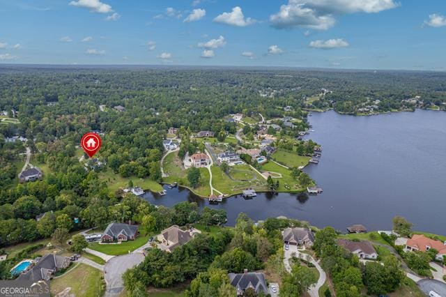 bird's eye view with a water view and a view of trees