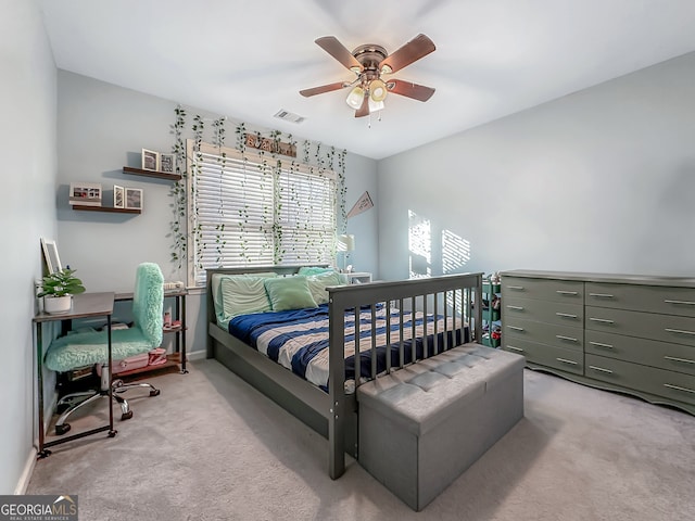 bedroom featuring carpet, visible vents, ceiling fan, and baseboards