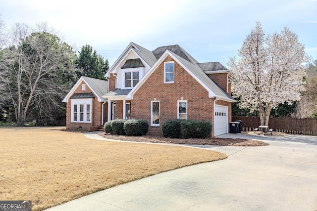 view of front facade featuring a garage, brick siding, fence, concrete driveway, and crawl space