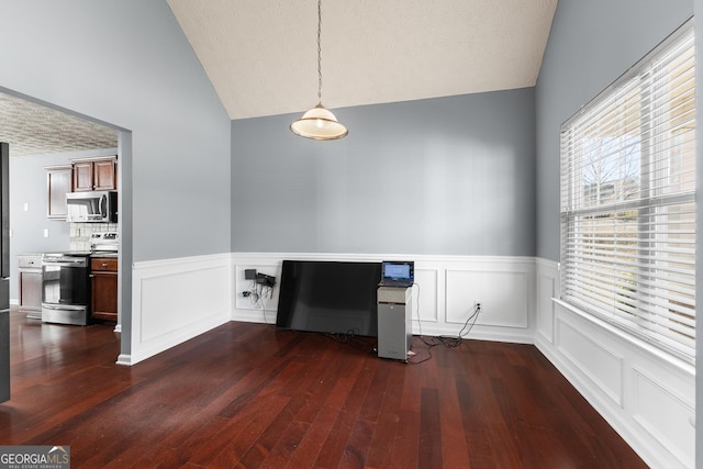 interior space with lofted ceiling, a textured ceiling, dark wood-style floors, and a wainscoted wall