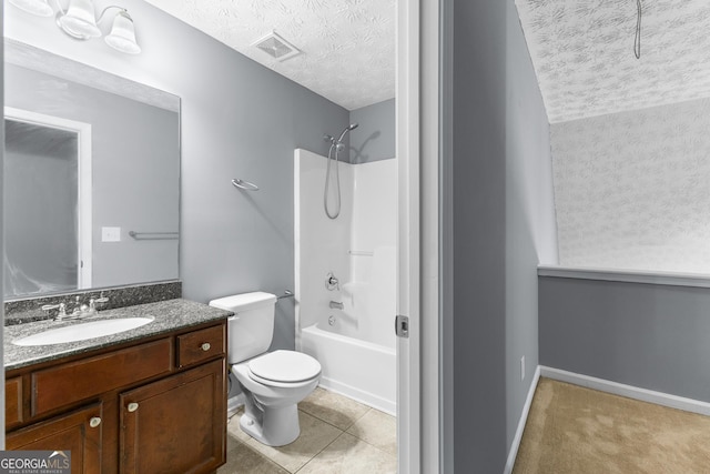 full bathroom featuring visible vents, toilet, tile patterned flooring, a textured ceiling, and vanity