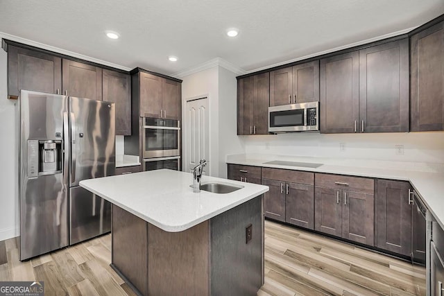 137 Walnut Way, Kingsland, GA 31548 - kitchen with appliances with stainless steel finishes, a sink, crown molding, dark brown cabinets, and light wood-type flooring