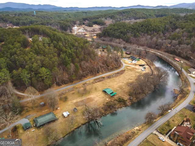 birds eye view of property with a forest view and a water and mountain view