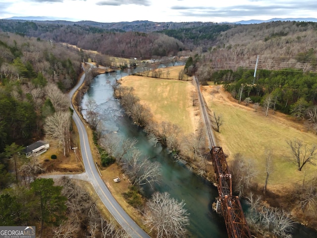 aerial view with a view of trees, a rural view, and a water and mountain view