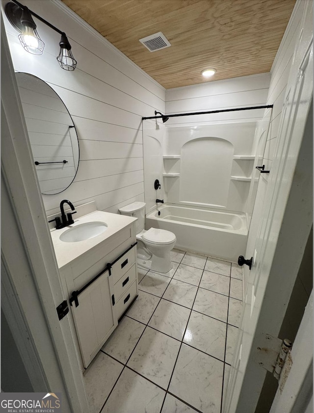 bathroom with visible vents, toilet, vanity,  shower combination, and wooden ceiling