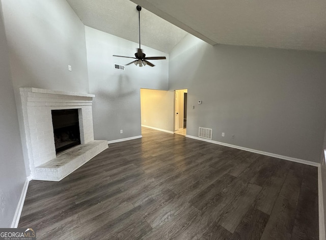 unfurnished living room with a ceiling fan, dark wood-style flooring, visible vents, and a fireplace