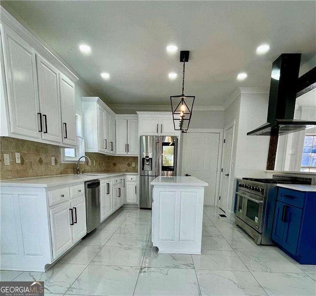 kitchen with marble finish floor, stainless steel appliances, white cabinetry, blue cabinets, and exhaust hood