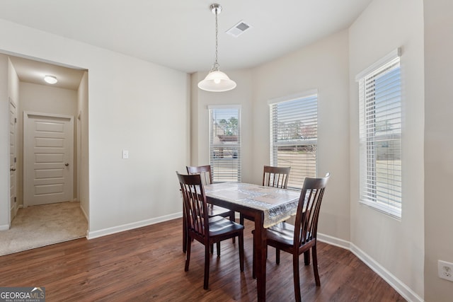 dining room featuring visible vents, baseboards, and dark wood-style flooring