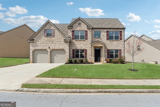 traditional-style home with brick siding, driveway, and a front lawn