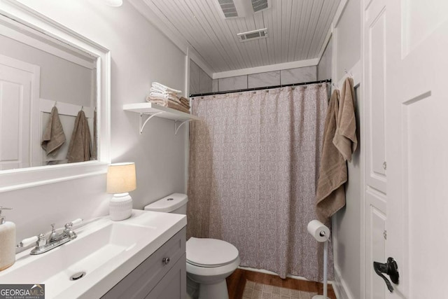 full bathroom with visible vents, a shower with shower curtain, toilet, wood ceiling, and vanity