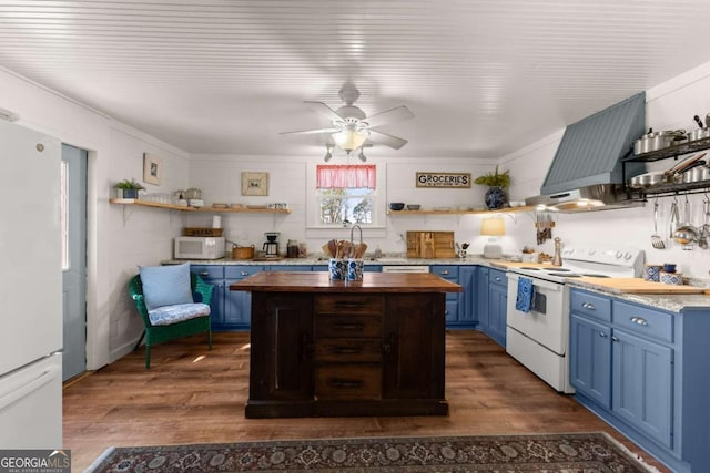 kitchen with blue cabinetry, wooden counters, open shelves, and white appliances