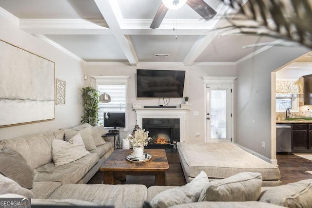 living room with a lit fireplace, dark wood-type flooring, coffered ceiling, and crown molding