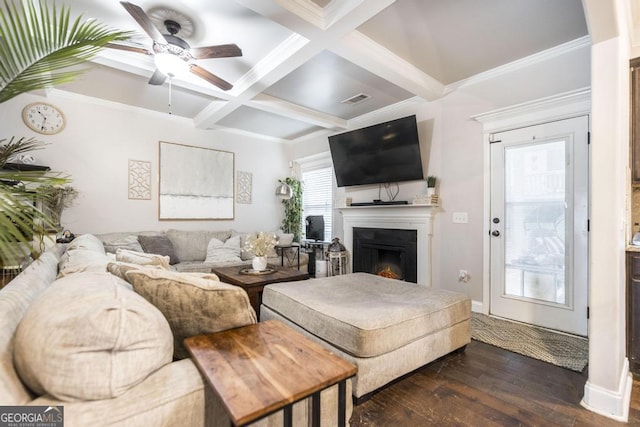 living area with a fireplace, coffered ceiling, beam ceiling, dark wood finished floors, and crown molding