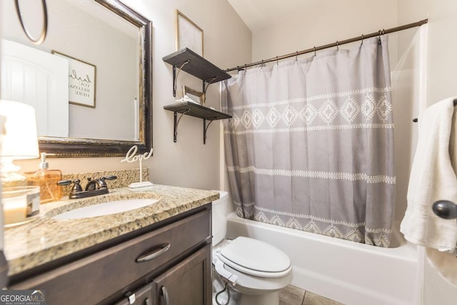 bathroom with toilet, tile patterned flooring, shower / bath combo with shower curtain, and vanity