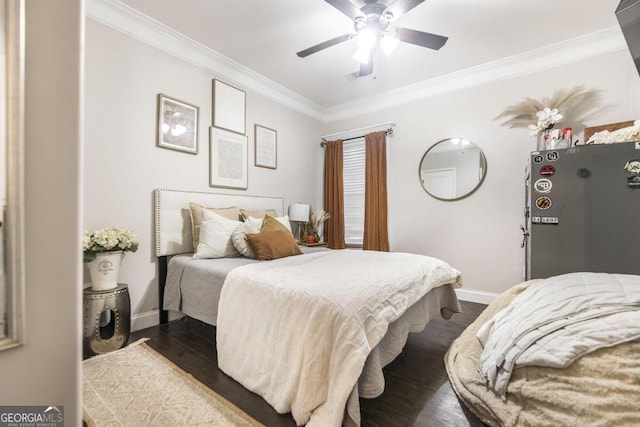 bedroom with baseboards, ornamental molding, ceiling fan, and dark wood-type flooring