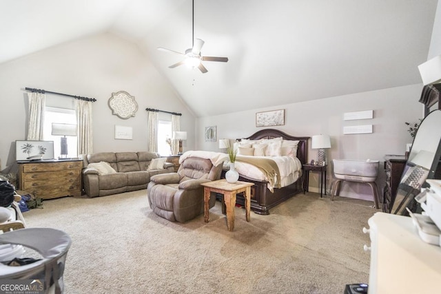 bedroom with carpet floors, high vaulted ceiling, and a ceiling fan