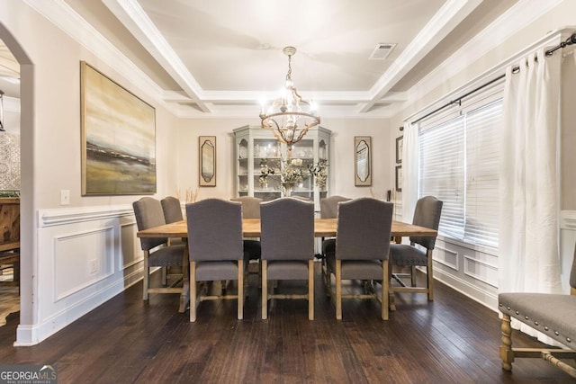 dining space with dark wood-type flooring, arched walkways, coffered ceiling, and beamed ceiling