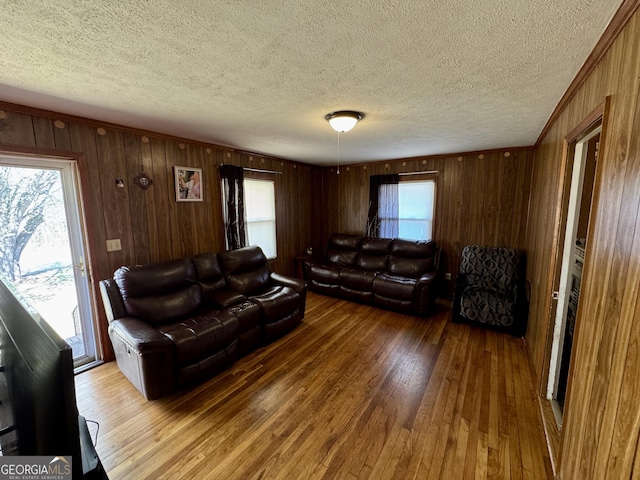 living room featuring a textured ceiling, wood walls, and wood-type flooring