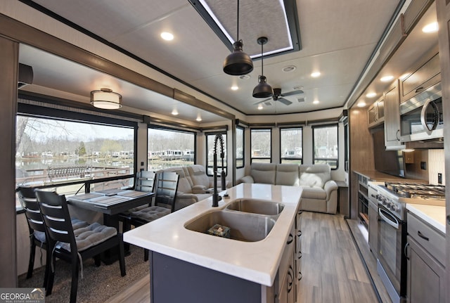 kitchen featuring appliances with stainless steel finishes, open floor plan, a kitchen island with sink, a sink, and wood finished floors