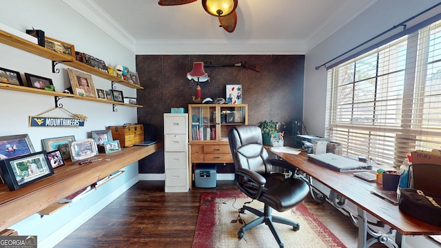 office space with baseboards, ceiling fan, an accent wall, wood finished floors, and crown molding