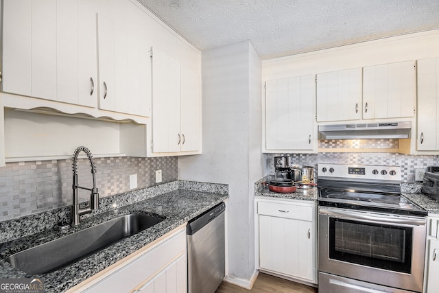 kitchen featuring a sink, white cabinets, appliances with stainless steel finishes, a textured ceiling, and under cabinet range hood