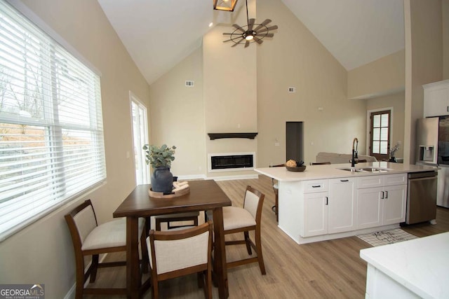 kitchen featuring white cabinets, a glass covered fireplace, appliances with stainless steel finishes, light wood-style floors, and a sink