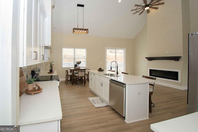 kitchen featuring stainless steel appliances, light wood-style floors, a glass covered fireplace, white cabinets, and a sink