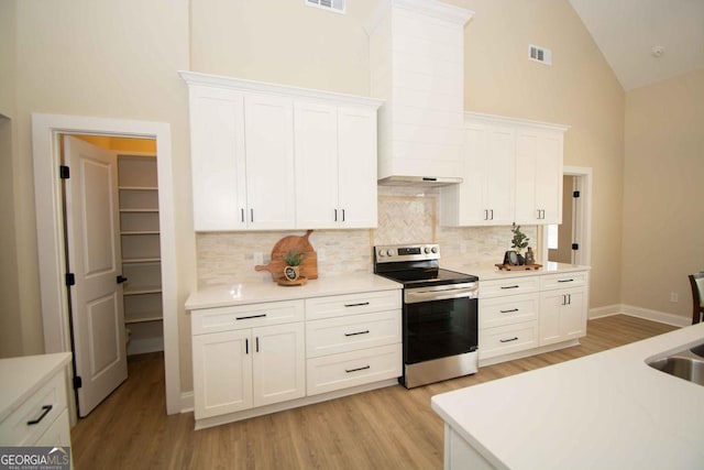 kitchen with white cabinets, light countertops, visible vents, and stainless steel range with electric cooktop