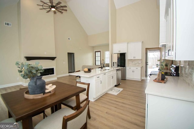 kitchen featuring stainless steel appliances, a sink, white cabinetry, an island with sink, and a glass covered fireplace