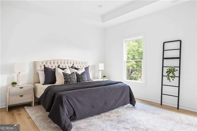 bedroom with a raised ceiling, wood finished floors, and baseboards