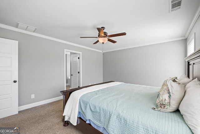 bedroom featuring baseboards, visible vents, ceiling fan, crown molding, and carpet flooring