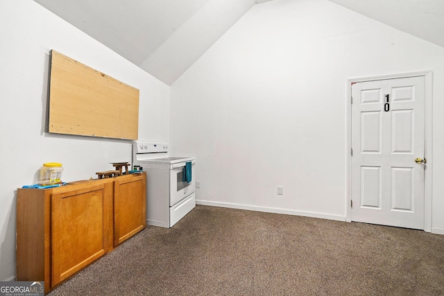 kitchen featuring white range with electric stovetop, lofted ceiling, dark carpet, brown cabinetry, and baseboards