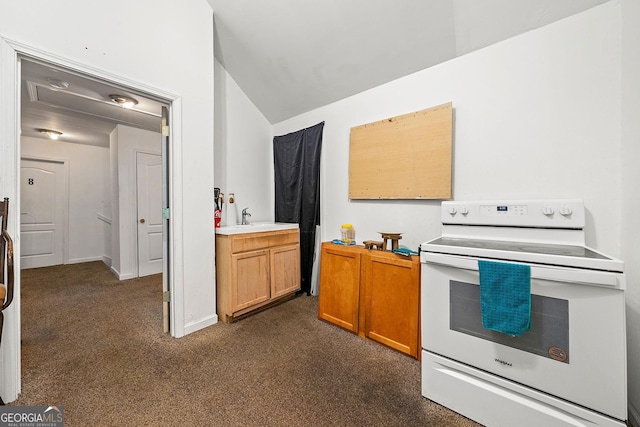 kitchen with white electric stove, baseboards, brown cabinetry, dark colored carpet, and a sink