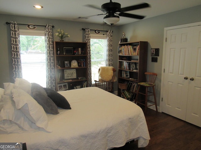 bedroom with ceiling fan, multiple windows, and wood finished floors