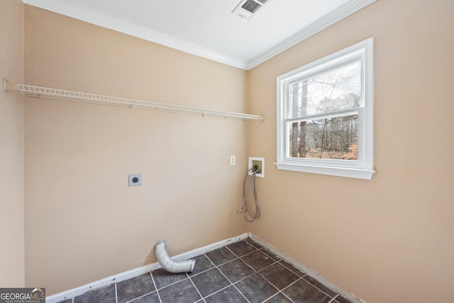 laundry area featuring laundry area, visible vents, ornamental molding, hookup for a washing machine, and hookup for an electric dryer