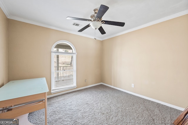 bedroom with carpet floors, visible vents, ornamental molding, ceiling fan, and baseboards